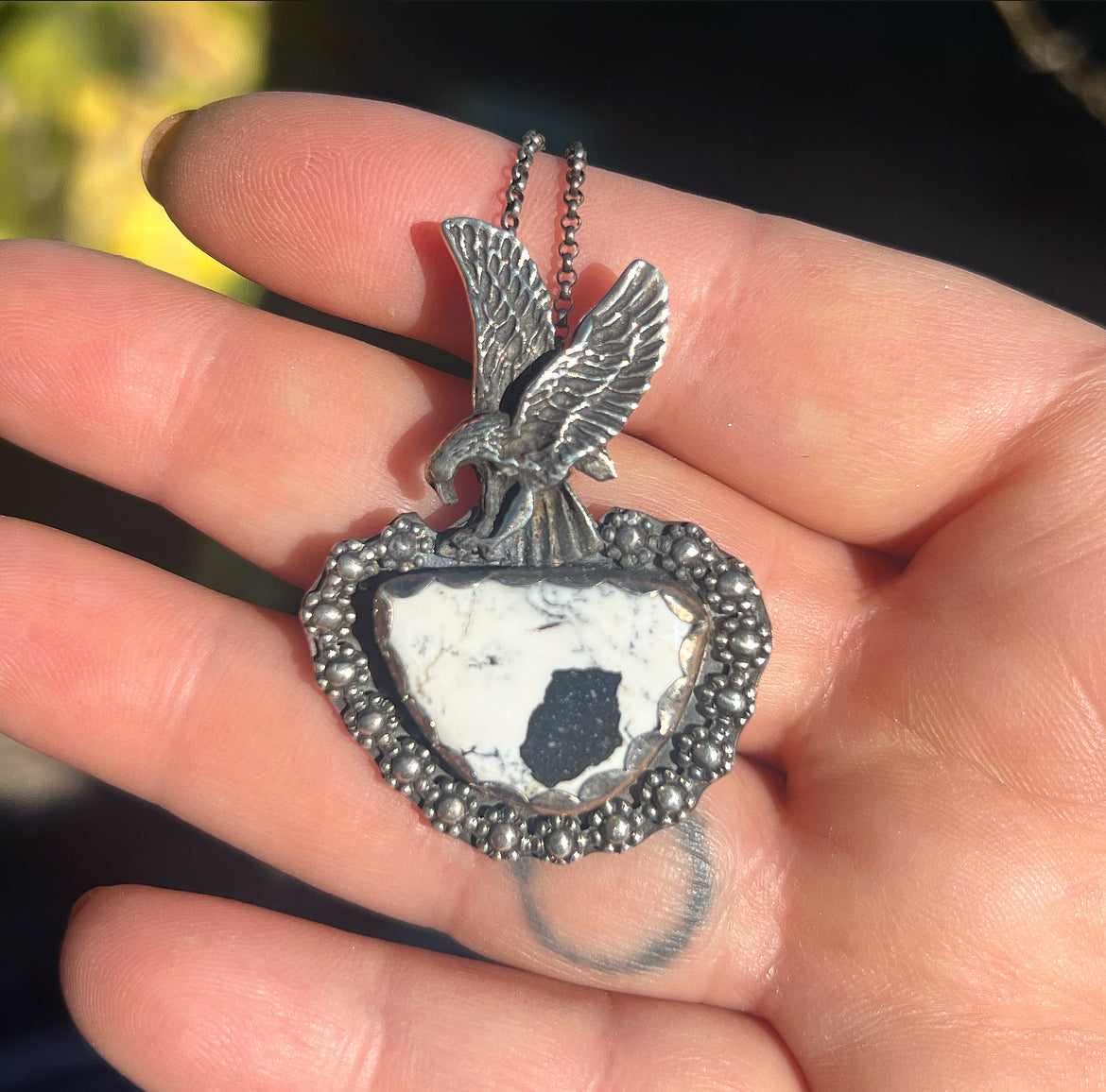 Mongolian Eagle + White Buffalo Turquoise Necklace