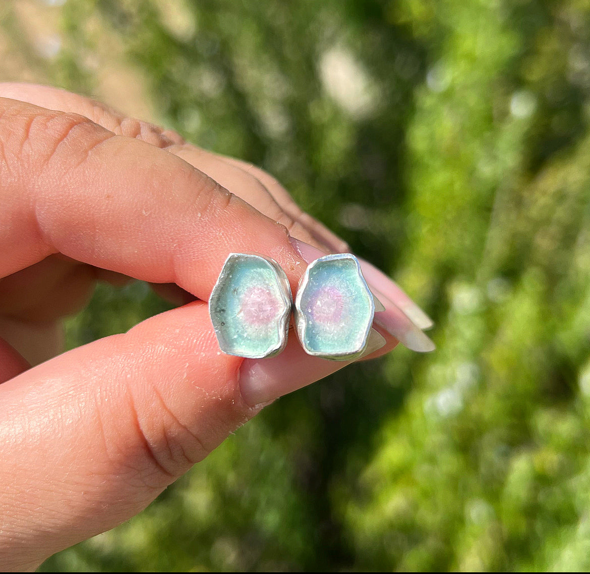 Watermelon Tourmaline Slice Earrings