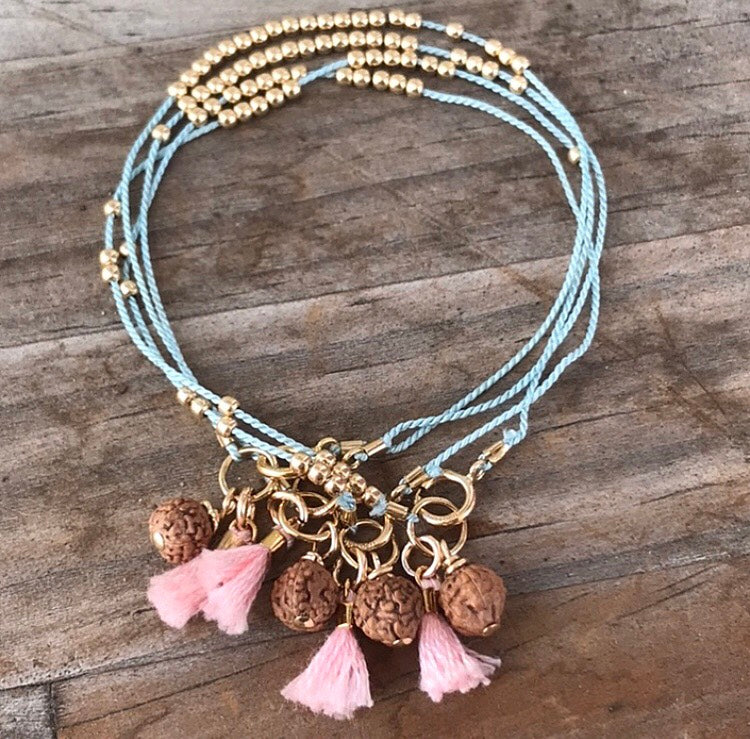 Wear A Prayer Bracelet (Light Blue with Pink Tassel)