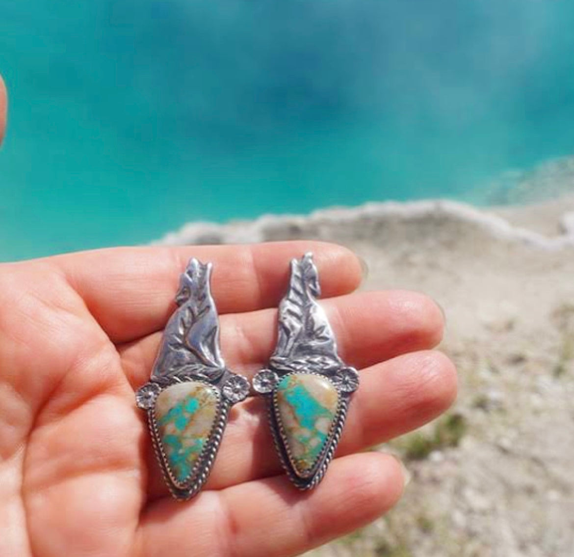 Royston Ribbon Turquoise + Wolf Earrings