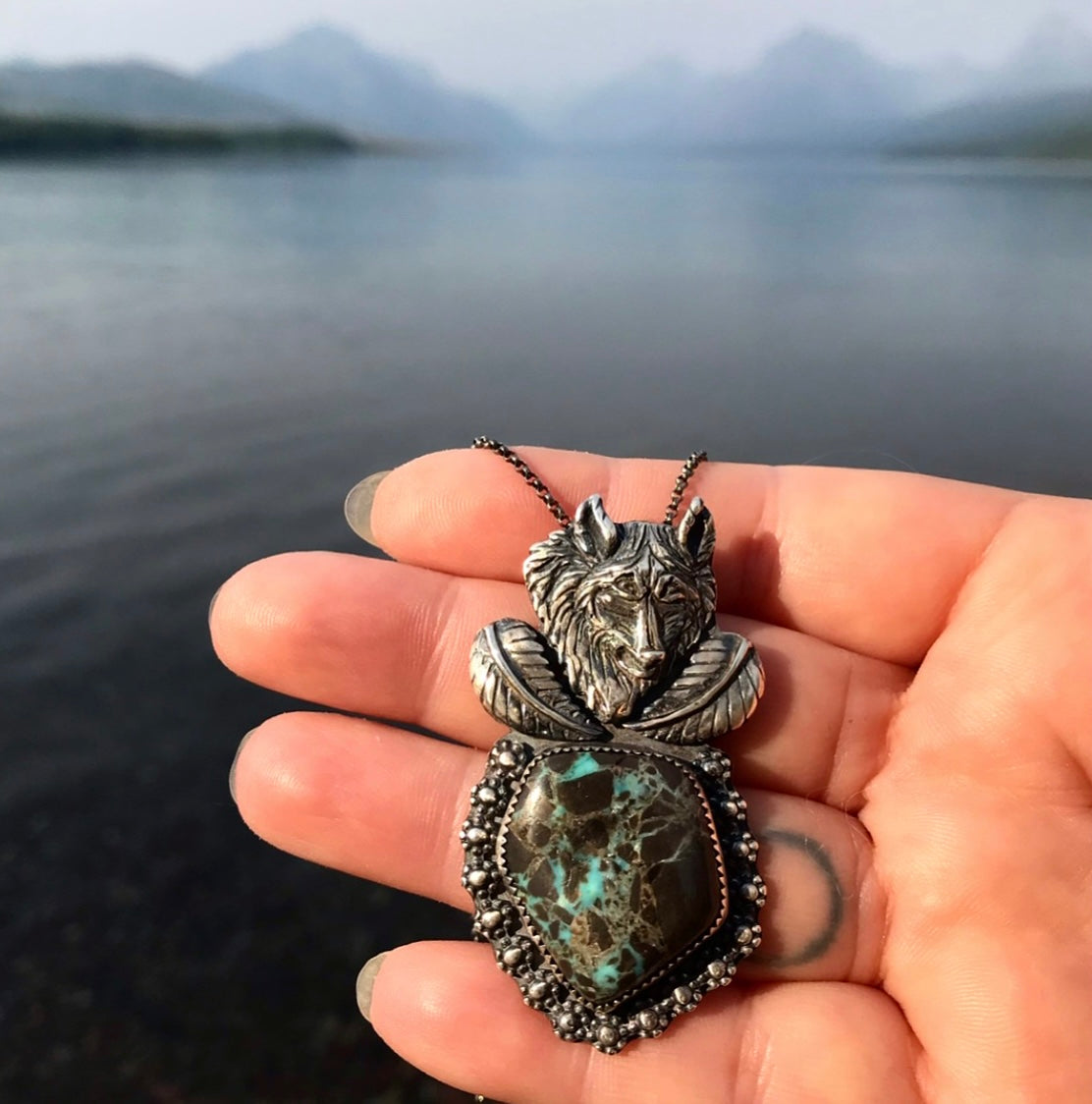 Carico Lake Turquoise + Wolf Necklace