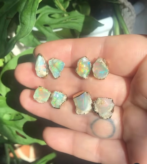 Raw Opal Earrings, Natural Australian Opal Jewelry, Opal Gemstone Studs,  Natural Aquamarine Crystal Earrings, October Birthstone Earrings - Etsy